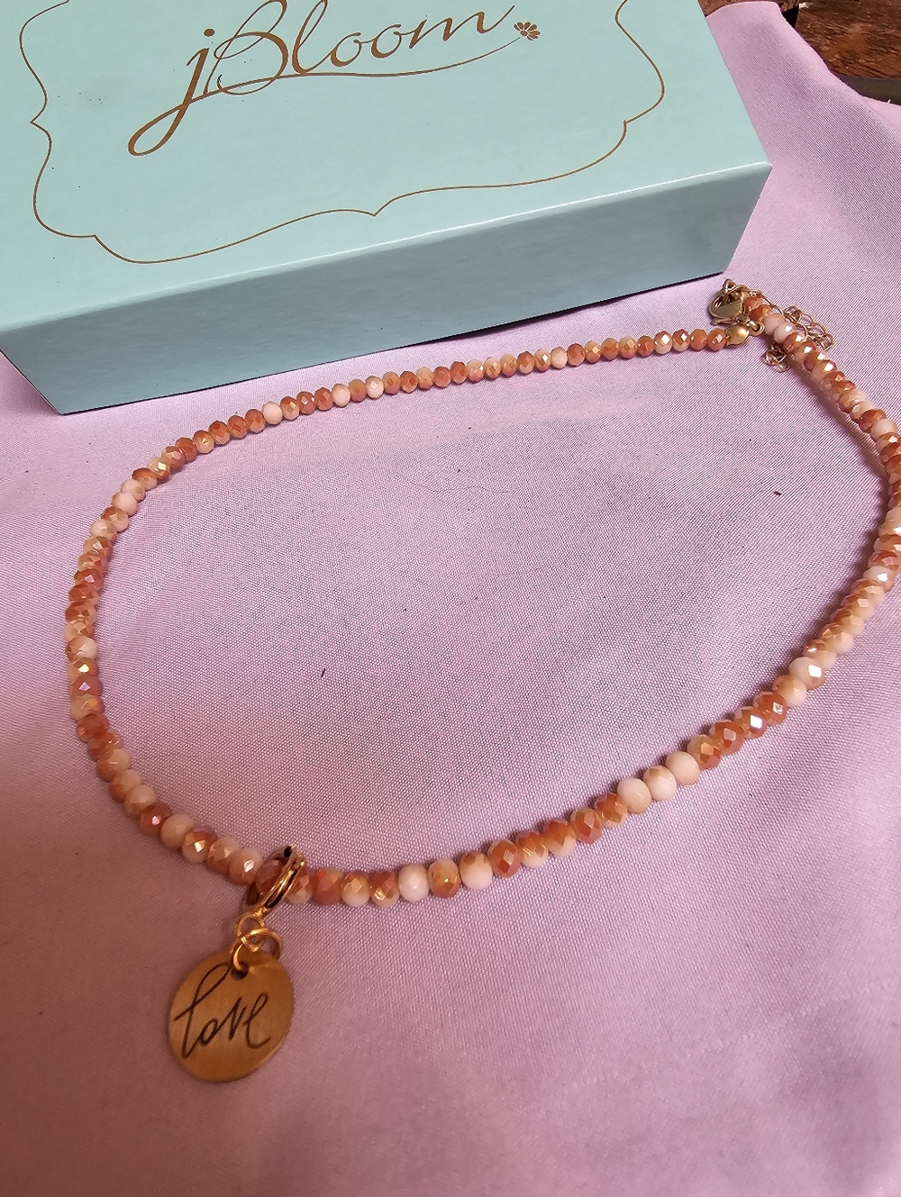 J BLoom Peach-Pink Beaded Necklace with Gold 'Love' Charm